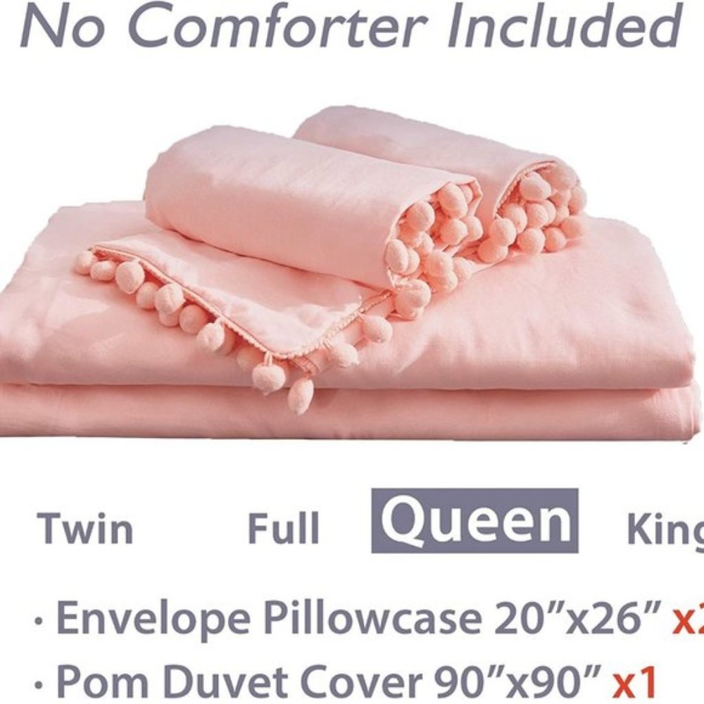 UO 3 Pieces Queen Peach Pom Pom Fringe Duvet Cover - Picture 7 of 8